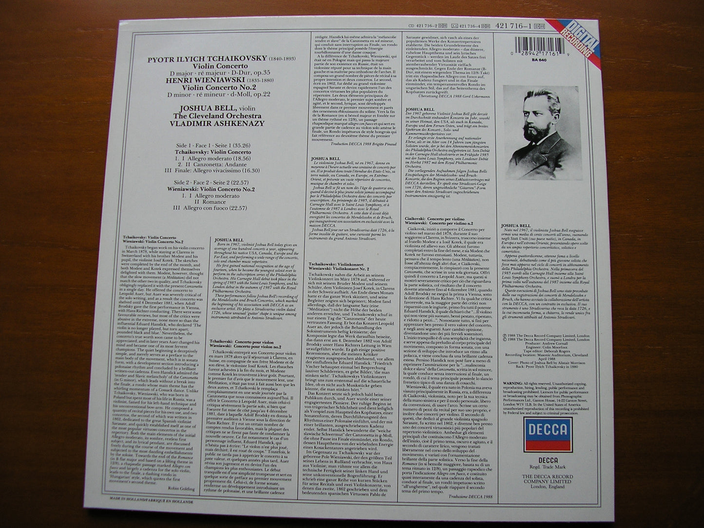 TCHAIKOVSKY: VIOLIN CONCERTO / WIENIAWSKI: VIOLIN CONCERTO No. 2 BELL / CLEVELAND ORCHESTRA / ASHKENAZY 421 716
