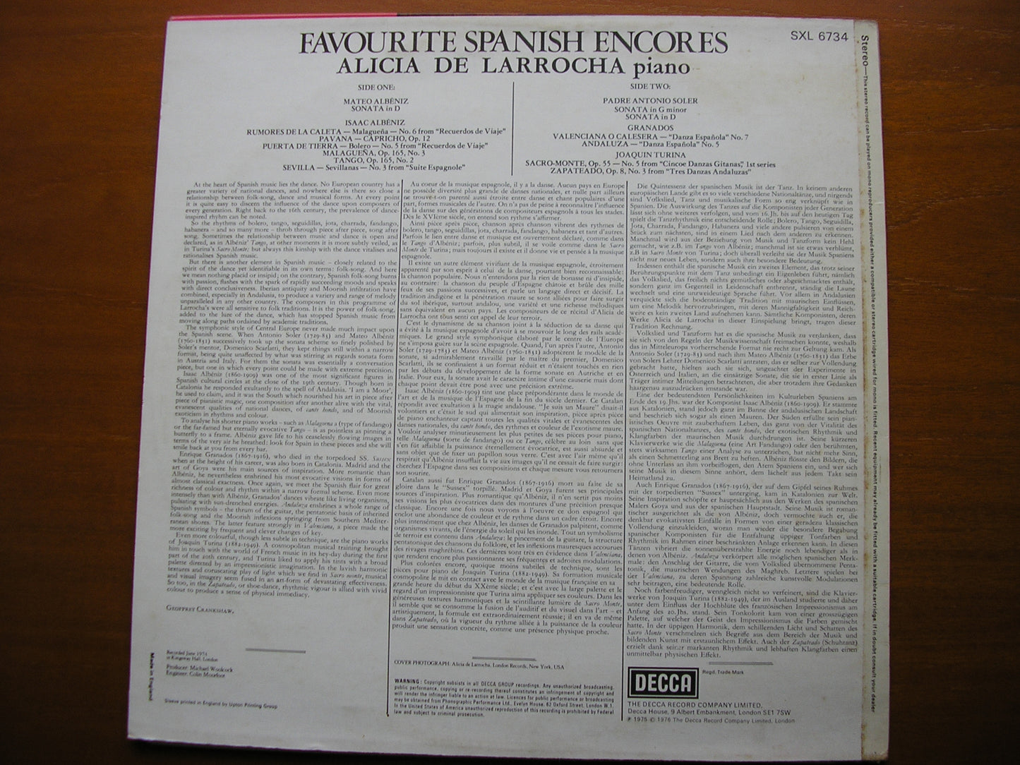 FAVOURITE SPANISH ENCORES: SOLER / GRANADOS / TURINA / ALBENIZ   ALICIA DE LARROCHA  SXL 6734