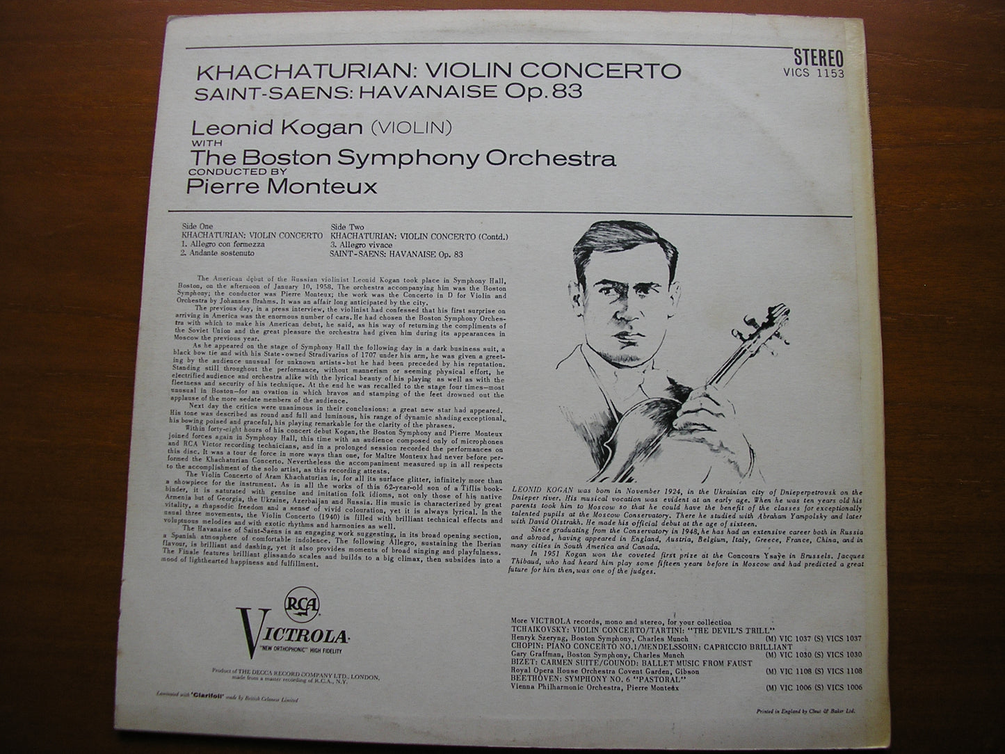 KHACHATURIAN: VIOLIN CONCERTO / SAINT - SAENS: HAVANAISE    KOGAN / BOSTON SYMPHONY / MONTEUX    VICS 1153