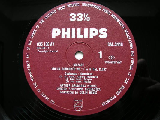 MOZART: VIOLIN CONCERTOS K207 & K218     GRUMIAUX / LONDON SYMPHONY / DAVIS    SAL 3440