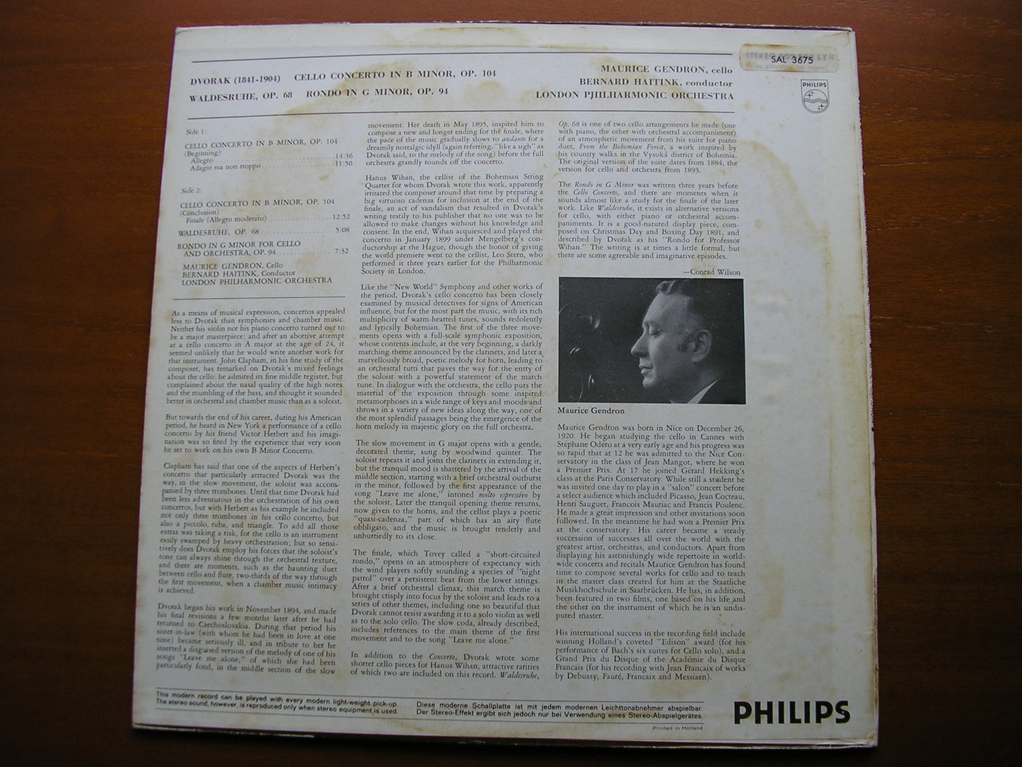 DVORAK: CELLO CONCERTO / WALDESRUHE / RONDO in G GENDRON / LONDON PHILHARMONIC / BERNARD HAITINK SAL 3675