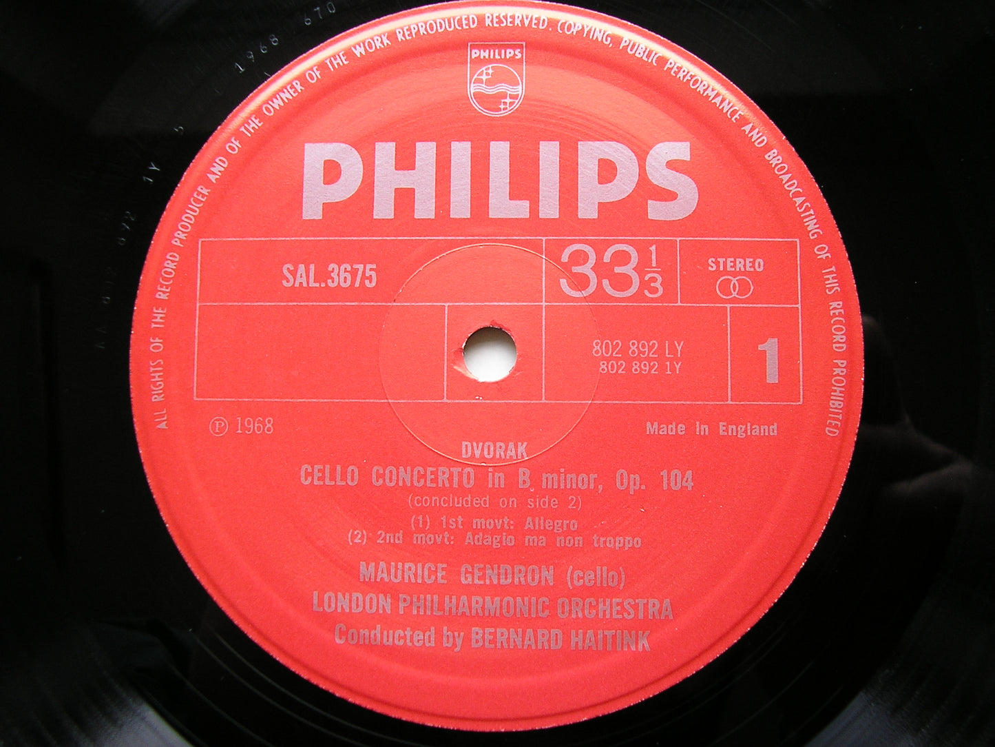 DVORAK: CELLO CONCERTO / WALDESRUHE / RONDO in G GENDRON / LONDON PHILHARMONIC / BERNARD HAITINK SAL 3675