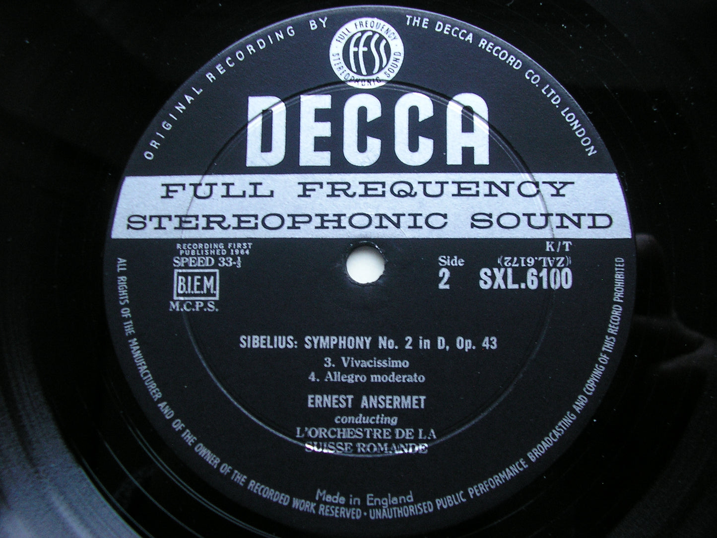 SIBELIUS: SYMPHONY No. 2 ANSERMET / SUISSE ROMANDE SXL 6100