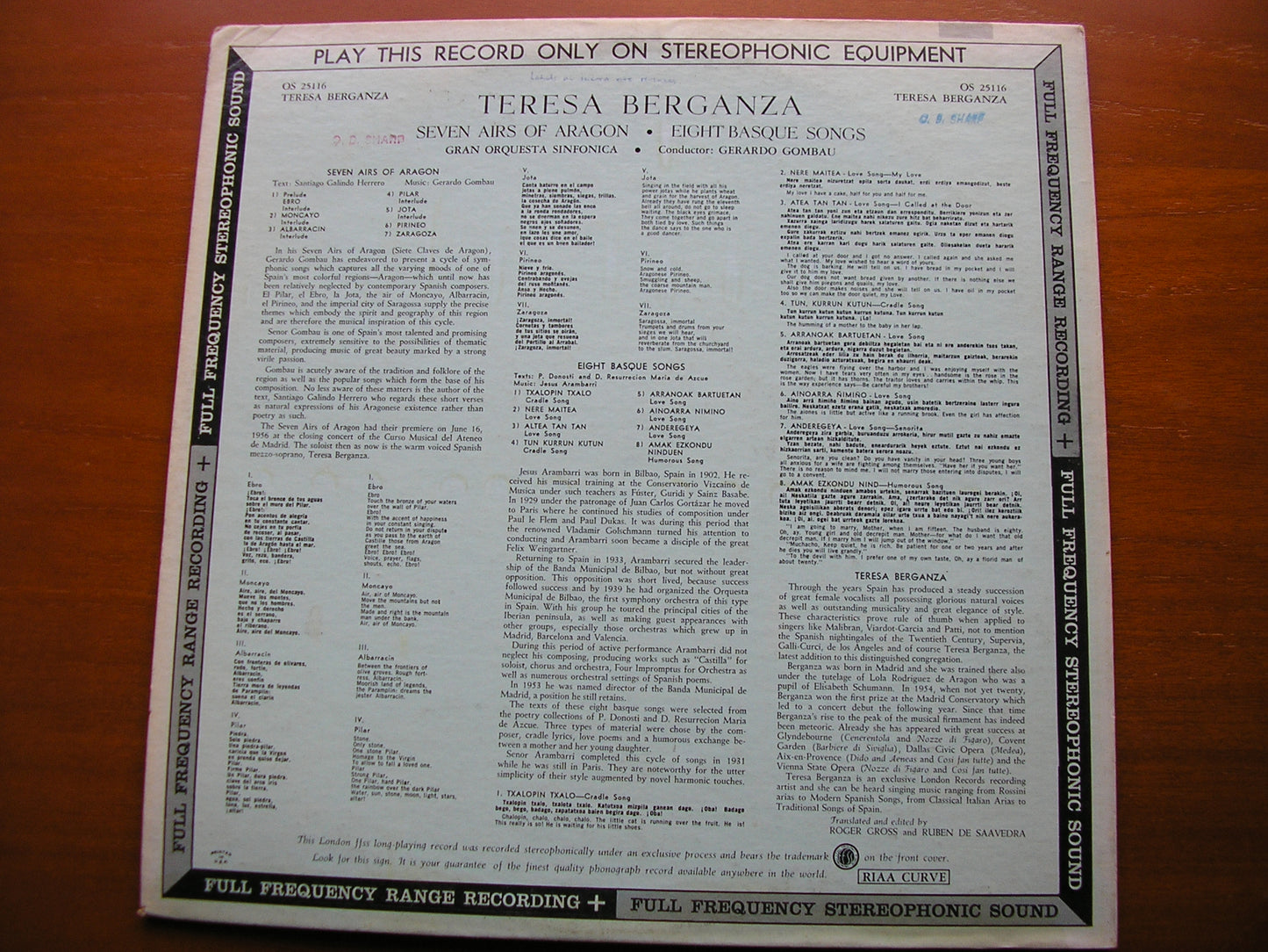 TERESA BERGANZA SINGS SEVEN AIRS OF ARAGON / EIGHT BASQUE SONGS SYMPHONY ORCHESTRA / GERARD GOMBAU OS 25116