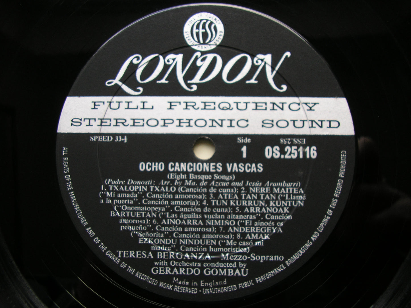 TERESA BERGANZA SINGS SEVEN AIRS OF ARAGON / EIGHT BASQUE SONGS SYMPHONY ORCHESTRA / GERARD GOMBAU OS 25116