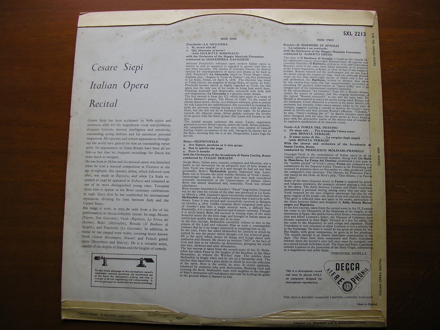CESARE SIEPI SINGS ITALIAN OPERA ARIAS: BOITO / VERDI / ROSSINI / PONCHIELLI    SXL 2213