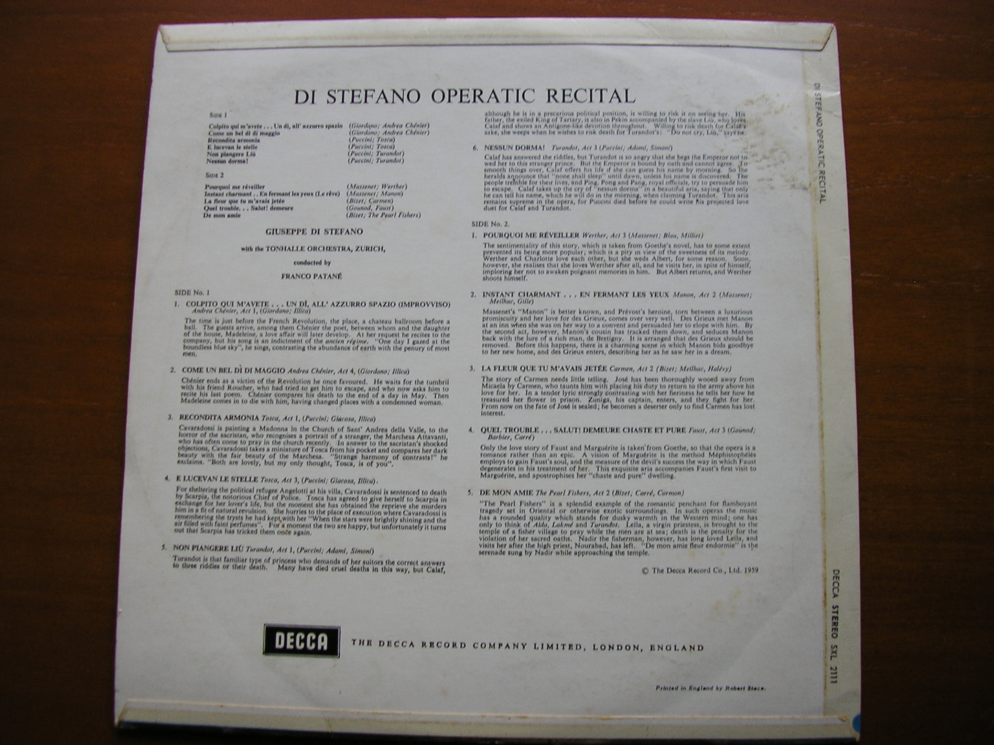 DI STEFANO SINGS OPERA ARIAS: MASSENET / GOUNOD / BIZET / PUCCINI / GIORDANO     TONHALLE ORCHESTRA / PATANE    SXL 2111