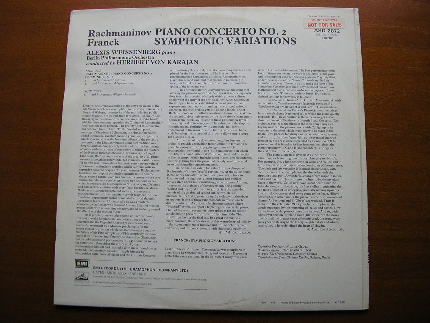 RACHMANINOV: PIANO CONCERTO No. 2 / FRANCK: SYMPHONIC VARIATIONS WEISSENBERG / BPO / KARAJAN ASD 2872