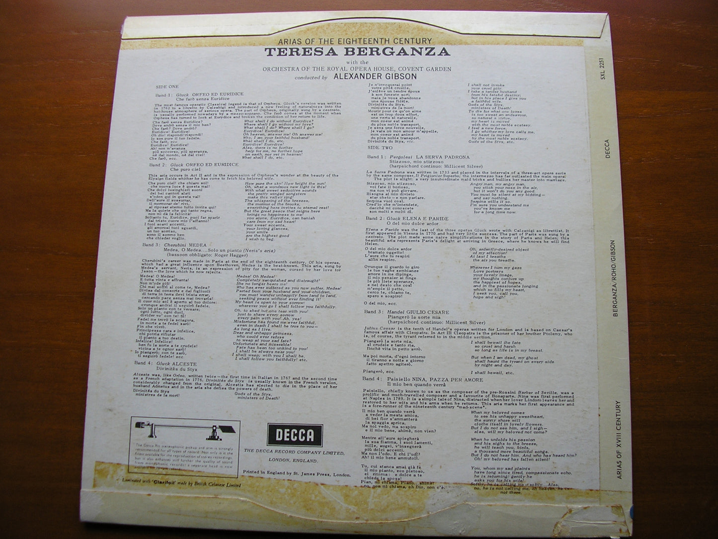 TERESA BERGANZA SINGS 18th CENTURY ARIAS: GLUCK / CHERUBINI / PERGOLESI / HANDEL / PAISIELLO OROHCG / ALEXANDER GIBSON SXL 2251