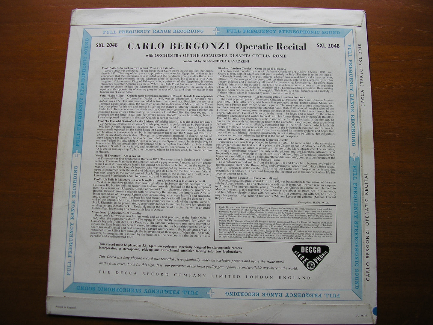 CARLO BERGONZI SINGS OPERATIC ARIAS: VERDI / PUCCINI / CILEA / GIORDANO / MEYERBEER     ACC di SC / GAVAZZENI   SXL 2048