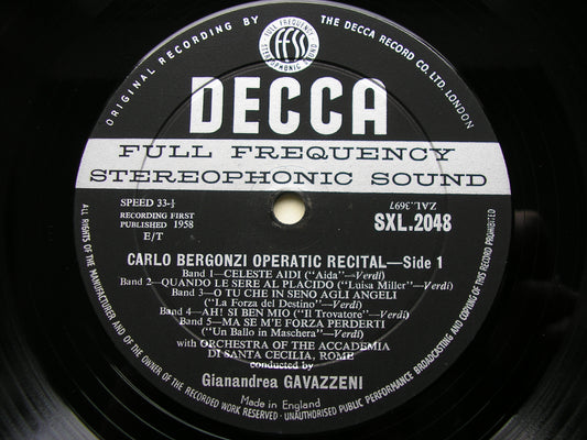 CARLO BERGONZI SINGS OPERATIC ARIAS: VERDI / PUCCINI / CILEA / GIORDANO / MEYERBEER     ACC di SC / GAVAZZENI   SXL 2048