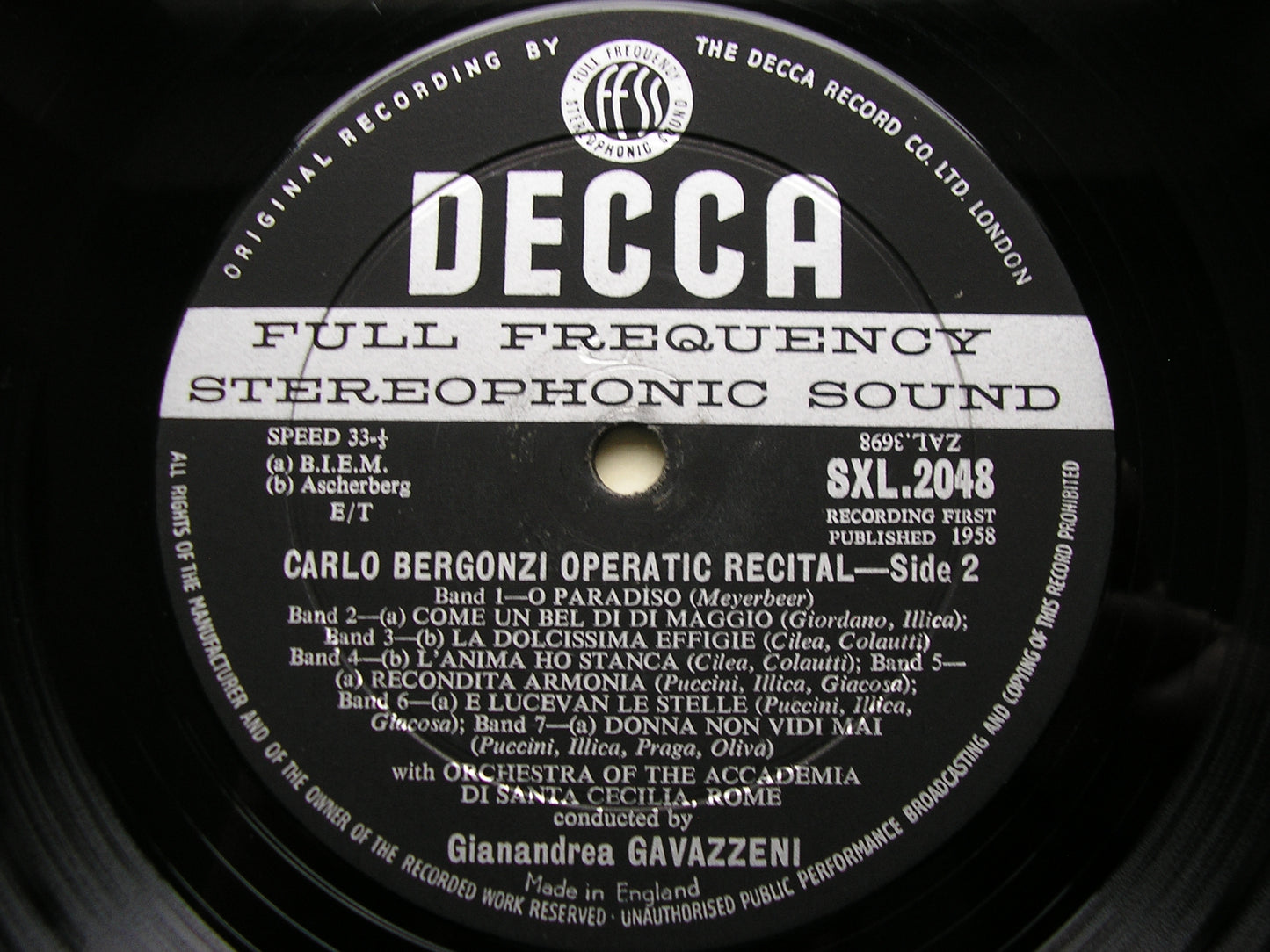 CARLO BERGONZI SINGS OPERATIC ARIAS: VERDI / PUCCINI / CILEA / GIORDANO / MEYERBEER     ACC di SC / GAVAZZENI   SXL 2048