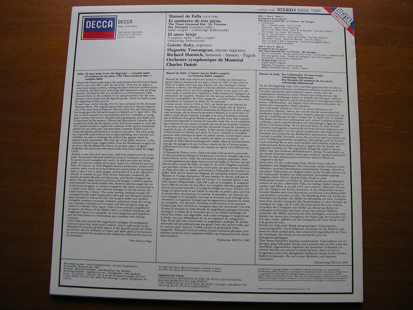 FALLA: THE THREE CORNERED HAT / EL AMOR BRUJO    DUTOIT / MONTREAL SYMPHONY     SXDL 7560