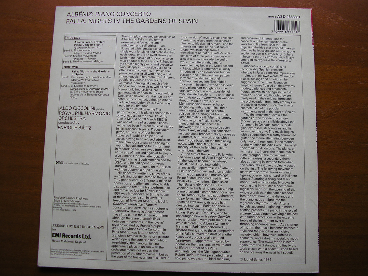 FALLA: NIGHTS IN THE GARDENS OF SPAIN / ALBENIZ: PIANO CONCERTO    CICCOLINI / ROYAL PHILHARMONIC / BATIZ     ASD 1653881