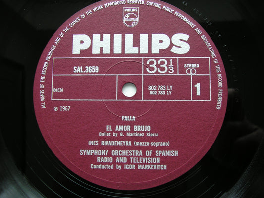 FALLA: EL AMOR BRUJO / CHABRIER: ESPANA / RAVEL: BOLERO     MARKEVITCH / SPANISH RADIO ORCHESTRA     SAL 3659