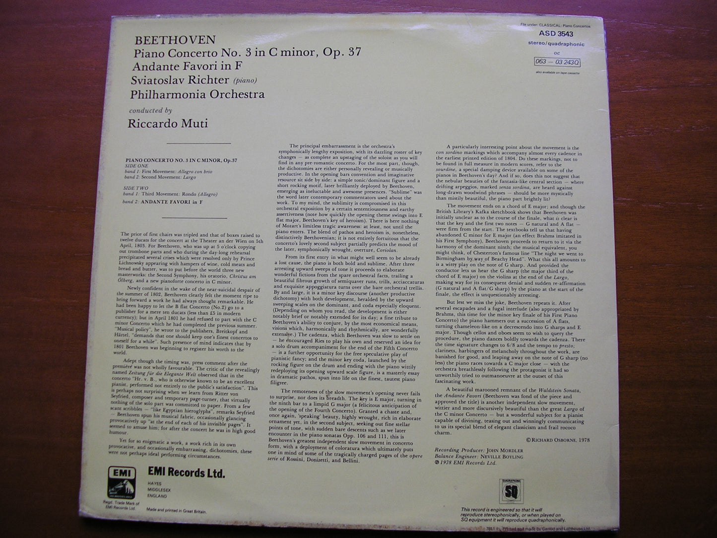 BEETHOVEN: PIANO CONCERTO No. 3 / ANDANTE FAVORI RICHTER / PHILHARMONIA / MUTI ASD 3543