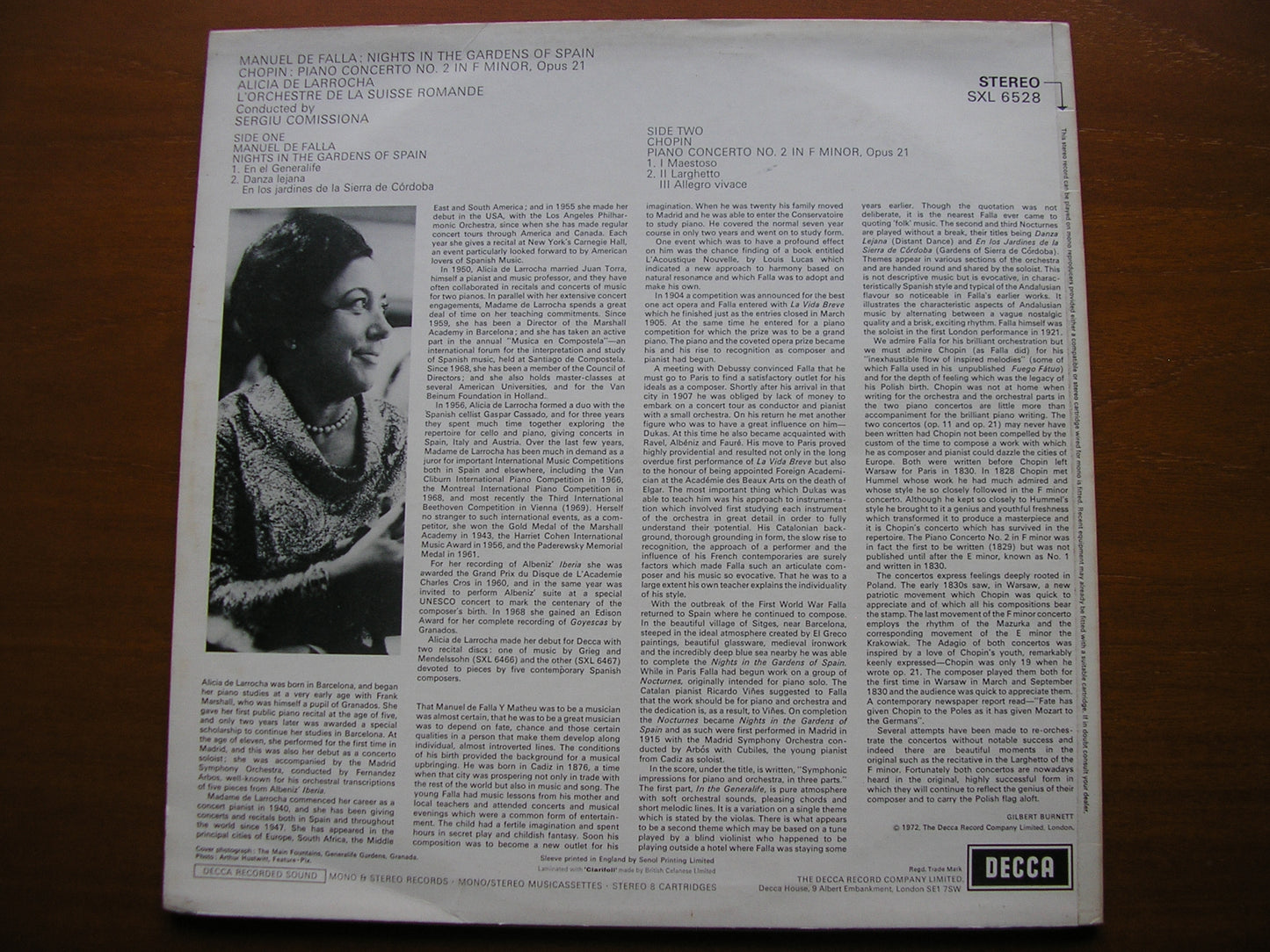 FALLA: NIGHTS IN THE GARDENS / CHOPIN: PIANO CONCERTO 2     DE LARROCHA / SRO / COMISSIONA    SXL 6528
