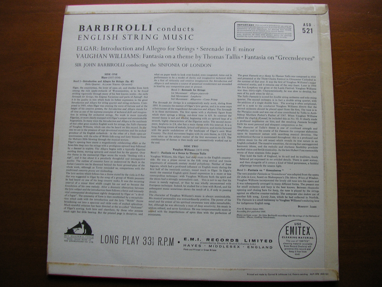 BARBIROLLI CONDUCTS ENGLISH MUSIC FOR STRINGS: ELGAR / VAUGHAN WILLIAMS BARBIROLLI / SINFONIA OF LONDON / ALLEGRI QUARTET ASD 521