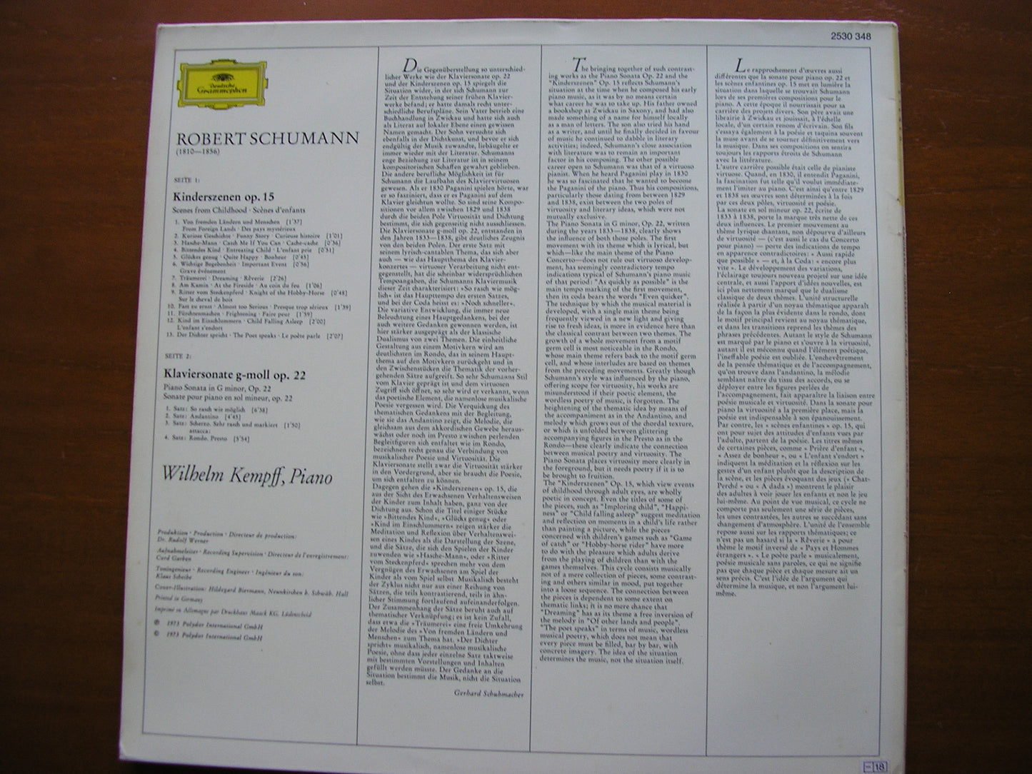 SCHUMANN: KINDERSZENEN / PIANO SONATA in G     WILHELM KEMPFF    2530 348