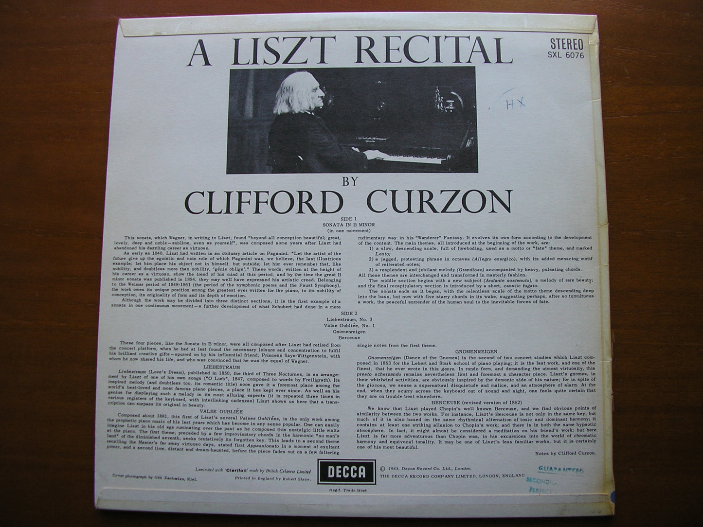 LISZT: SONATA IN B Minor / BERCEUSE / LIEBESTRAUM / GNOMENREIGEN CLIFFORD CURZON SXL 6076