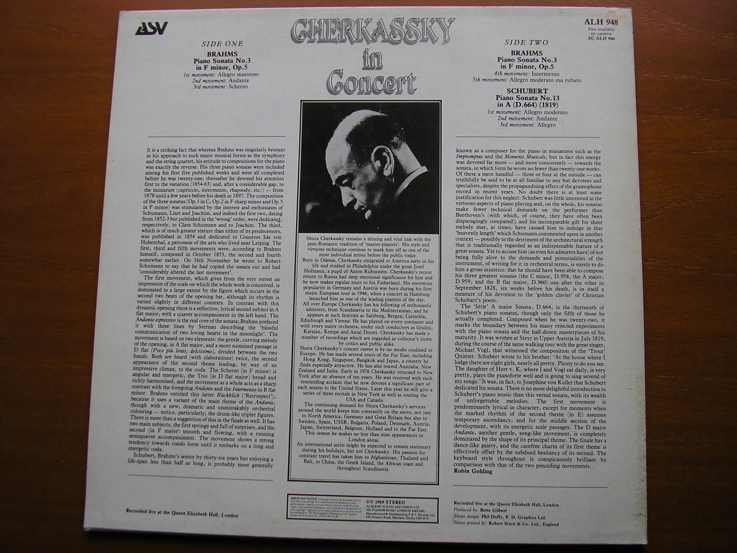 CHERKASSKY IN CONCERT: BRAHMS Piano Sonata No. 3 / SCHUBERT Sonata No. 13    ALH 948