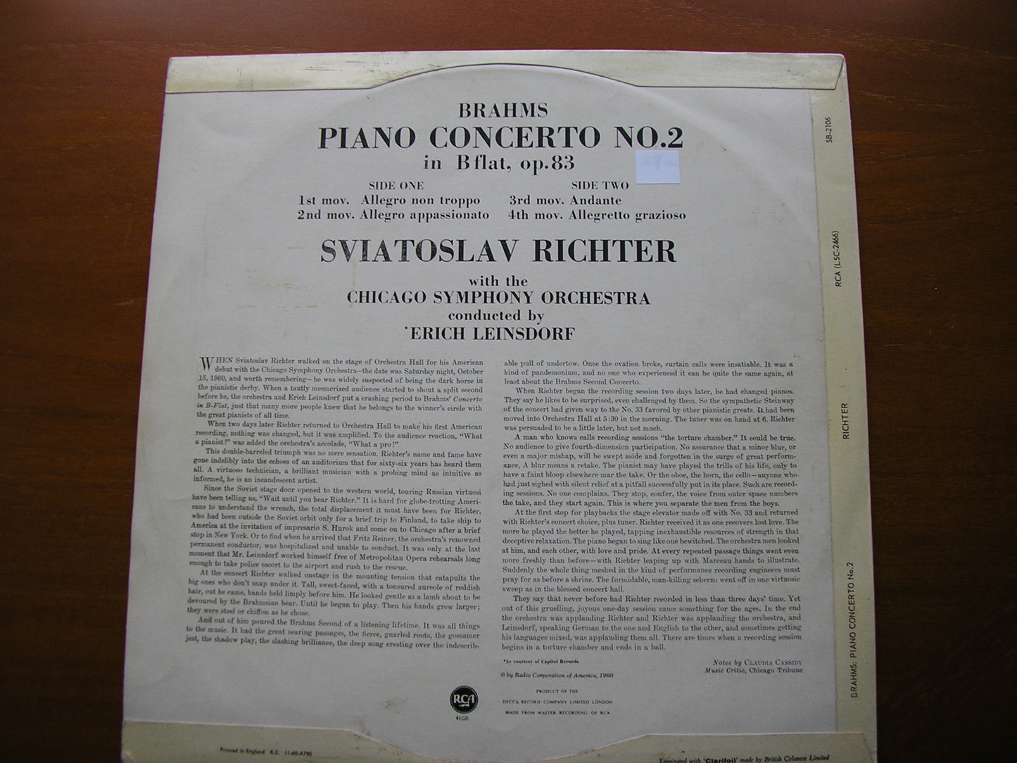 BRAHMS: PIANO CONCERTO No. 2 RICHTER / CHICAGO SYMPHONY ORCHESTRA / LEINSDORF SB 2106