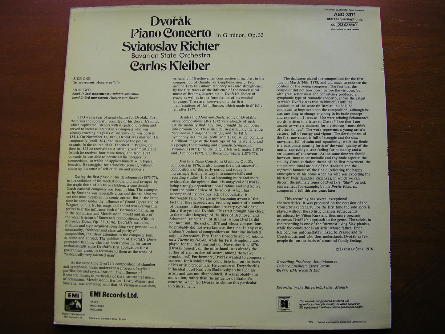 DVORAK: PIANO CONCERTO RICHTER / BAVARIAN STATE ORCHESTRA / KLEIBER ASD 3371