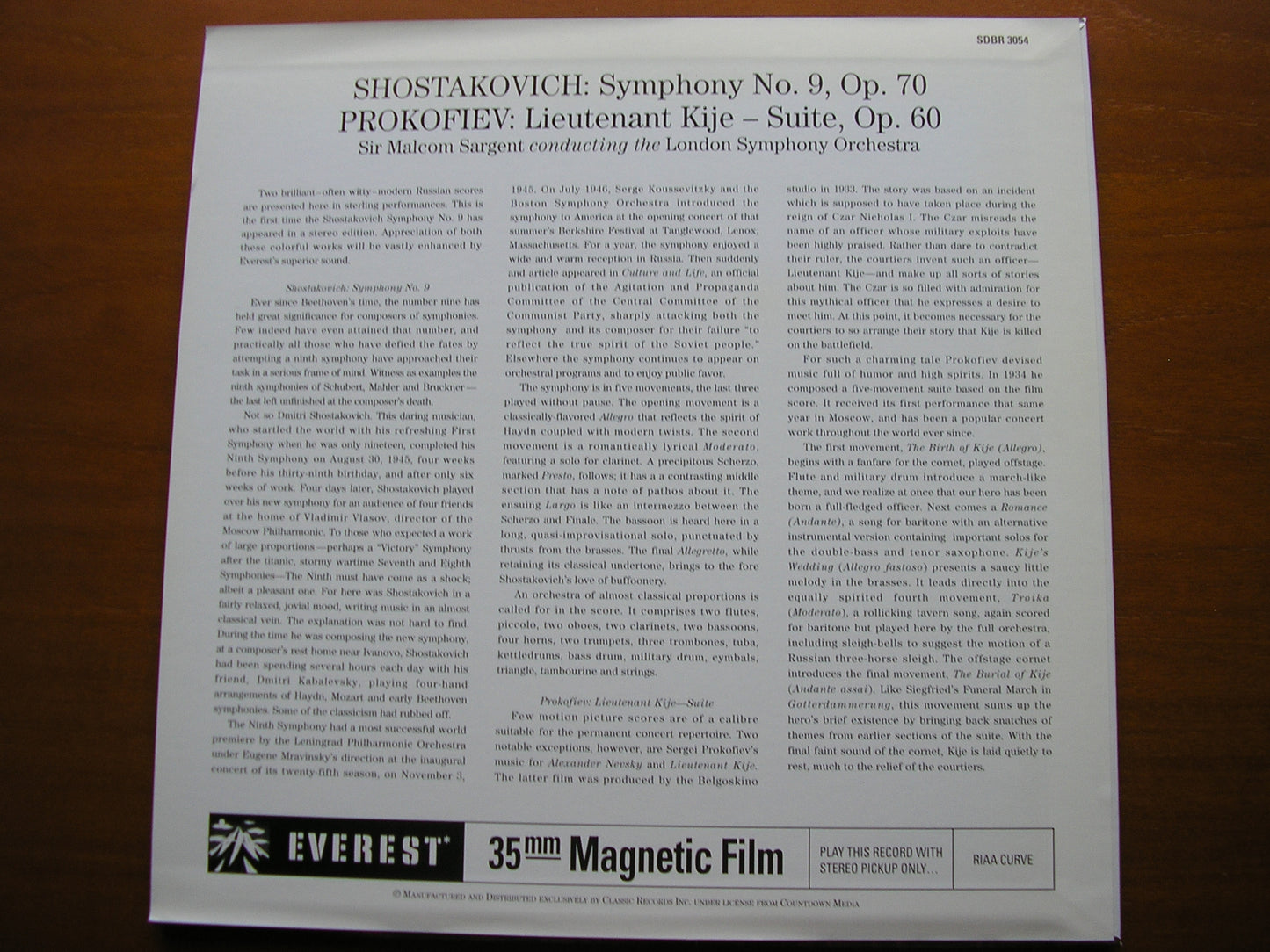 SHOSTAKOVICH: SYMPHONY No. 9 / PROKOFIEV: LIEUTENANT KIJE Suite     SARGENT / LONDON SYMPHONY    SDBR 3054