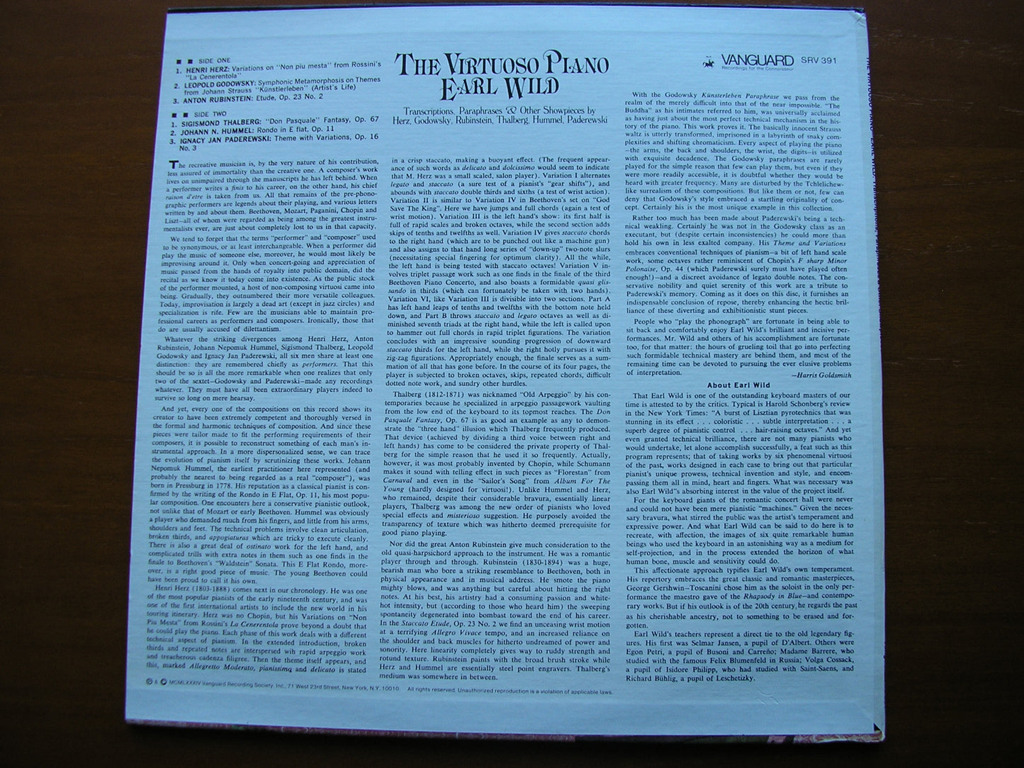 THE VIRTUOSO PIANO: HERZ / HUMMEL / PADEREWSKI / GODOWSKY / RUBINSTEIN / THALBERG EARL WILD SRV 391