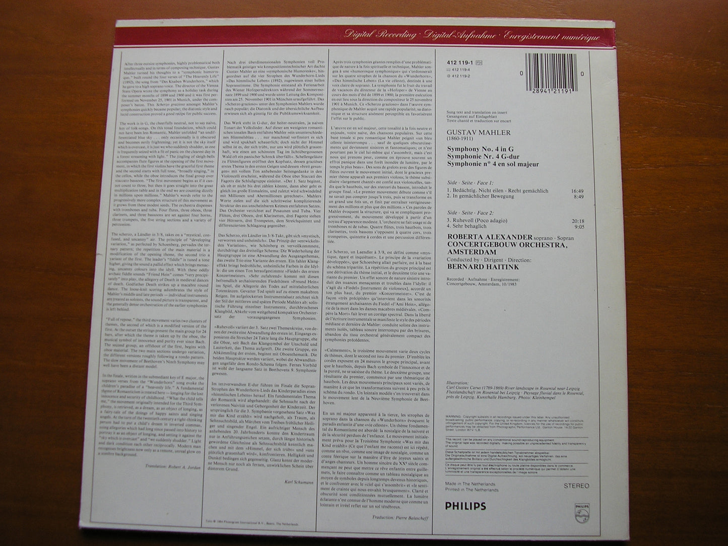 MAHLER: SYMPHONY No. 4 ALEXANDER / CONCERTGEBOUW ORCHESTRA / HAITINK 412 119