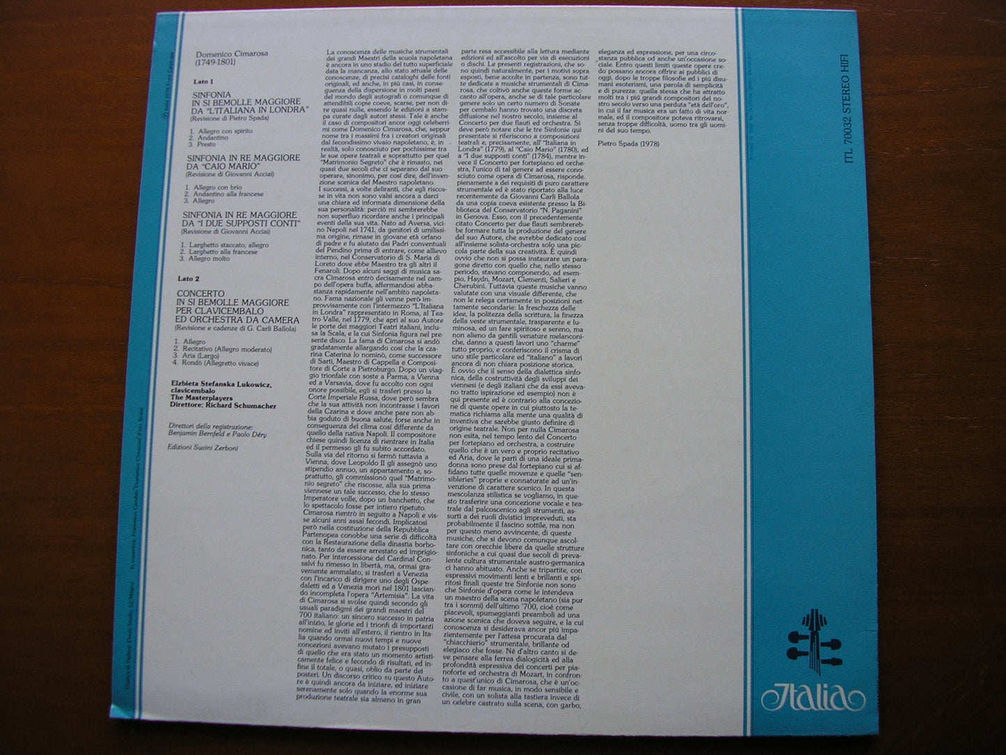 CIMAROSA: THREE SYMPHONIES / HARPSICHORD CONCERTO ELZBIETA LUKOWICZ / THE MASTERPLAYERS / RICHARD SCHUMACHER ITL 70032