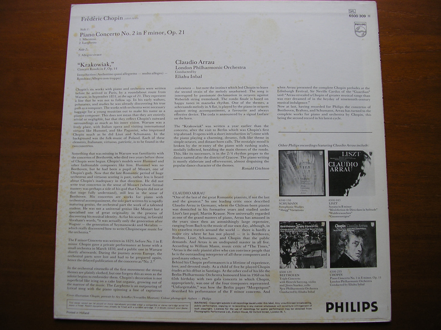 CHOPIN: PIANO CONCERTOS Nos. 1 & 2 / KRAKOWIAK Op. 14     ARRAU / LONDON PHILHARMONIC / INBAL  6500 255 / 6500 309