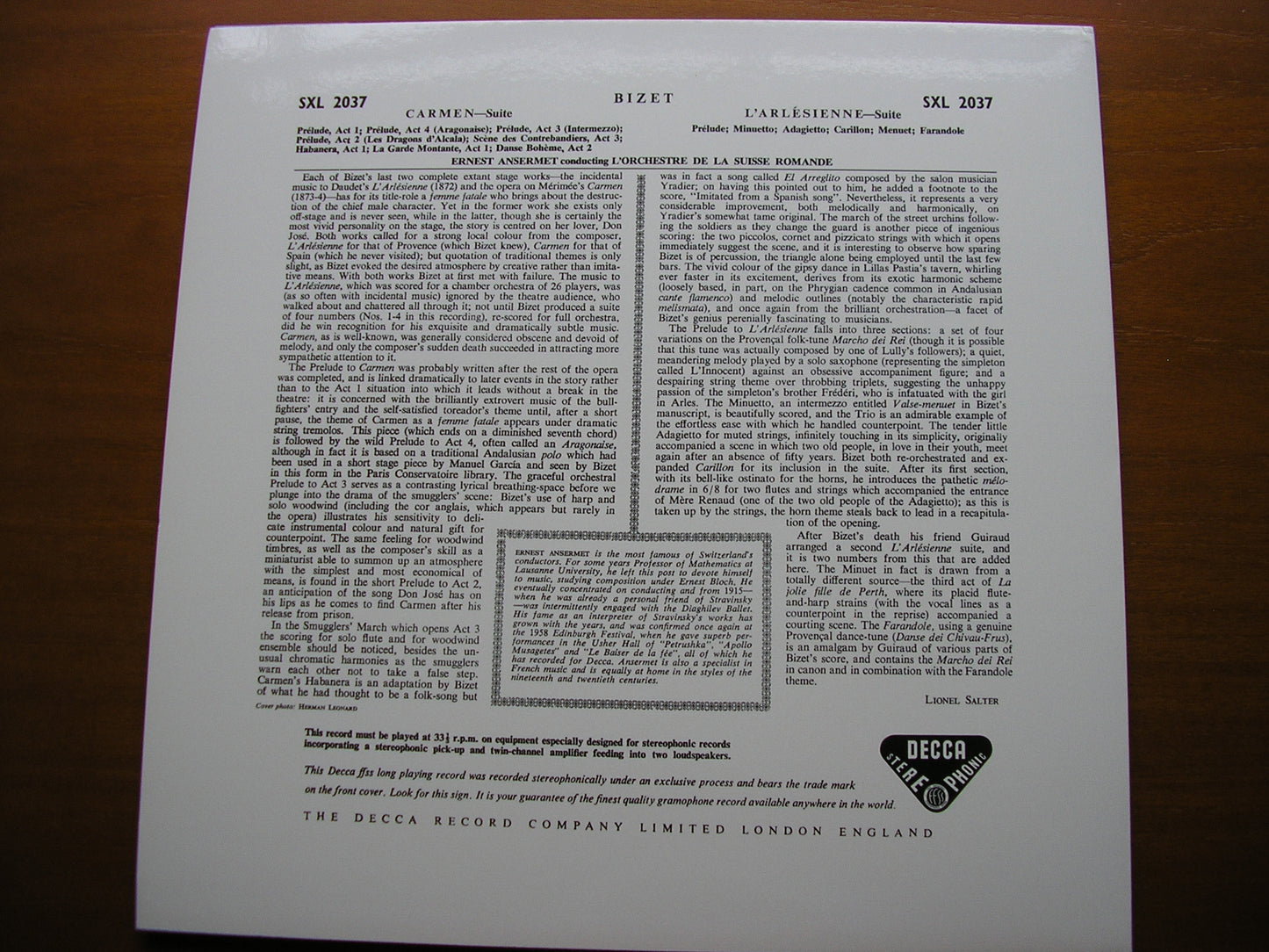 BIZET: CARMEN Suite / L'ARLESIENNE Suite ANSERMET / SUISSE ROMANDE SXL 2037
