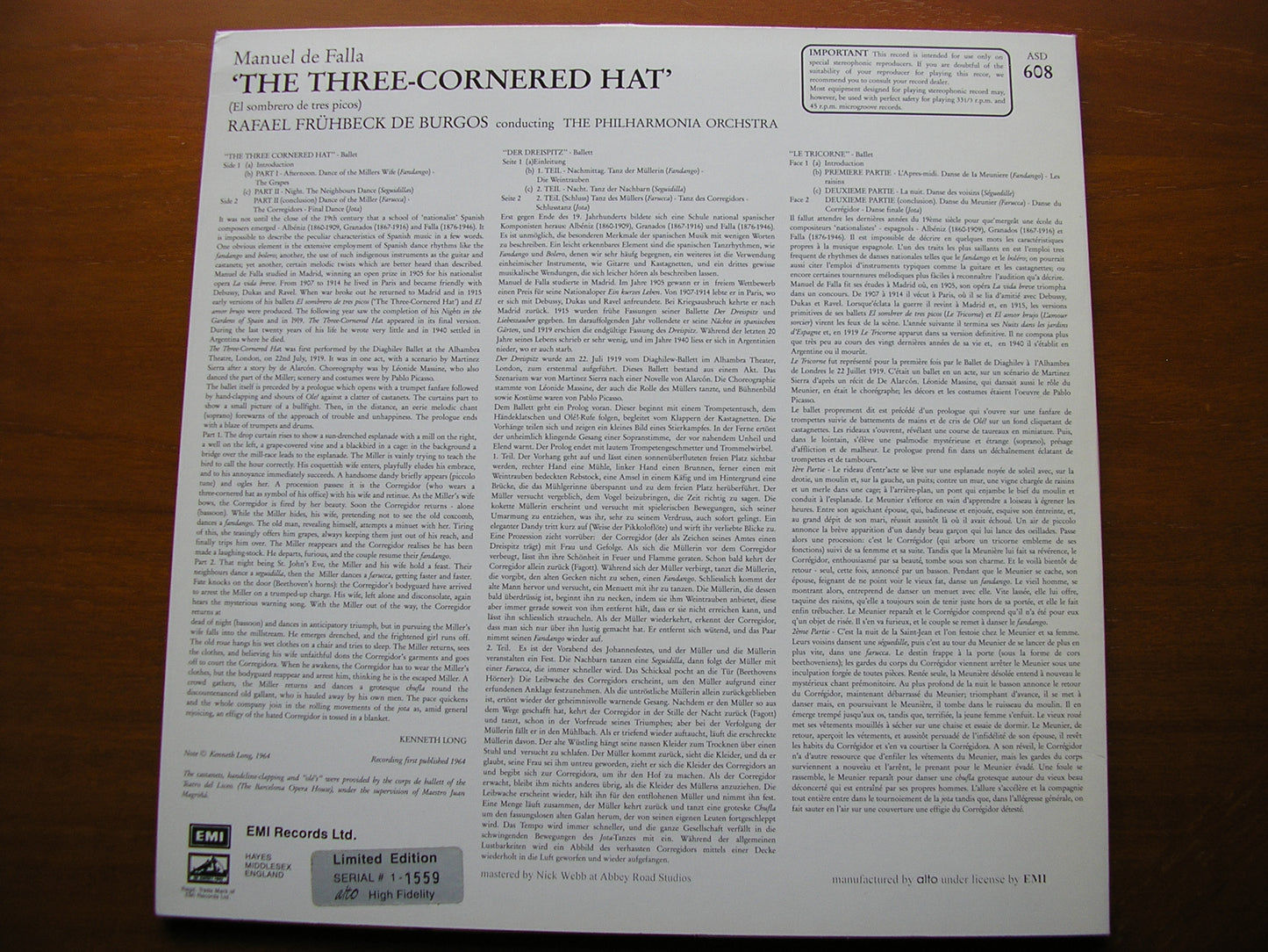 FALLA: THE THREE CORNERED HAT Complete Ballet     DE LOS ANGELES /           PHILHARMONIA / DE BURGOS     EMI / ALTO  ASD 608