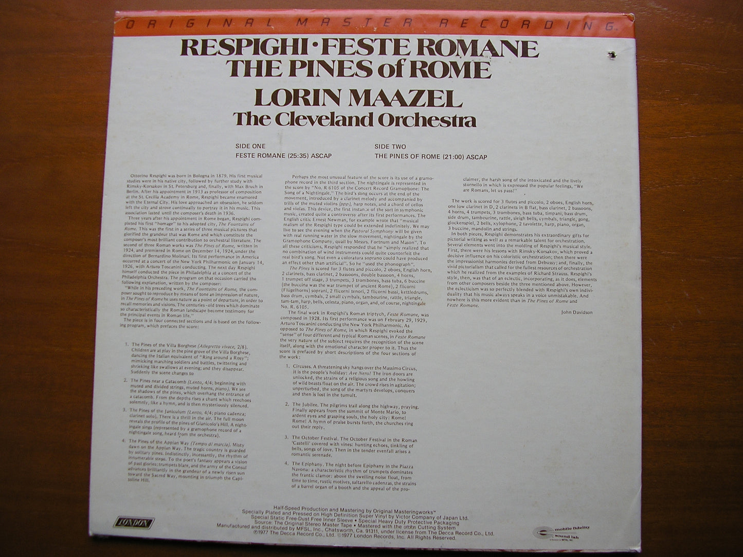 RESPIGHI: PINES OF ROME / FOUNTAINS OF ROME LORIN MAAZEL / CLEVELAND ORCHESTRA MFSL 1 - 507