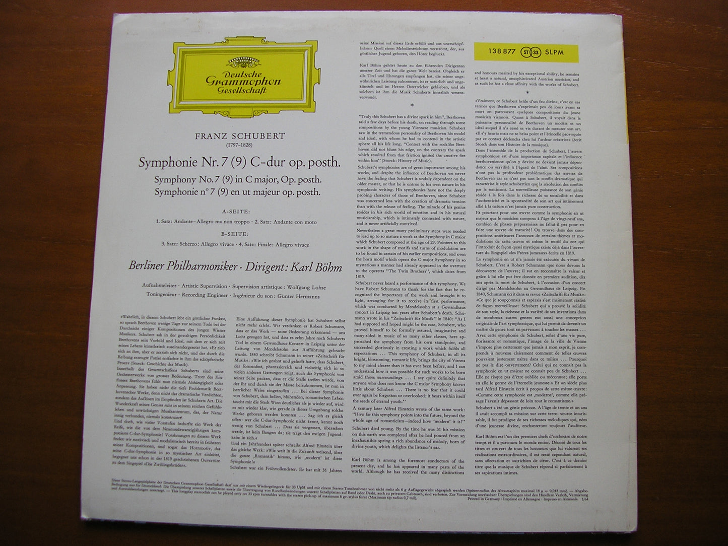 SCHUBERT: SYMPHONY No. 9 'Great C major'         KARL BOHM / BERLIN PHILHARMONIC    138 877