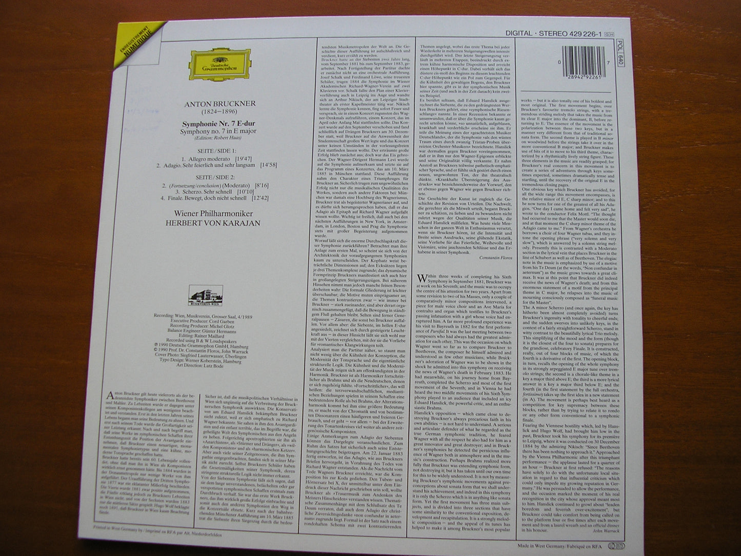 BRUCKNER: SYMPHONY No. 7 KARAJAN / VIENNA PHILHARMONIC 429 226