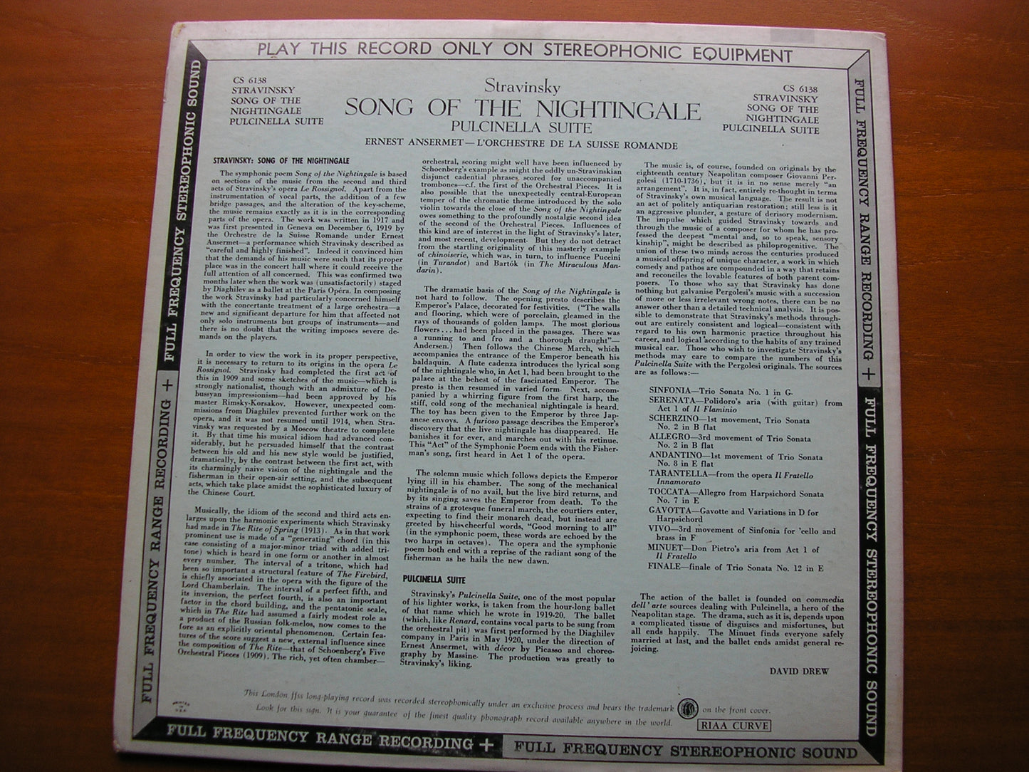 STRAVINSKY: SONG OF THE NIGHTINGALE / PULCINELLA Suite ERNEST ANSERMET / SUISSE ROMANDE CS 6138