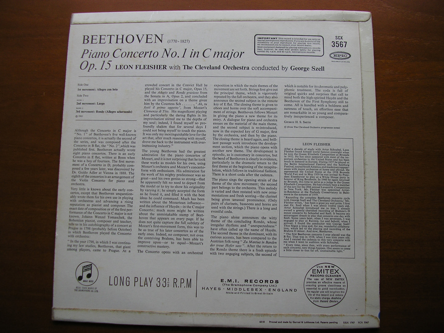 BEETHOVEN: PIANO CONCERTO No. 1 FLEISHER / CLEVELAND ORCHESTRA / SZELL SCX 3567