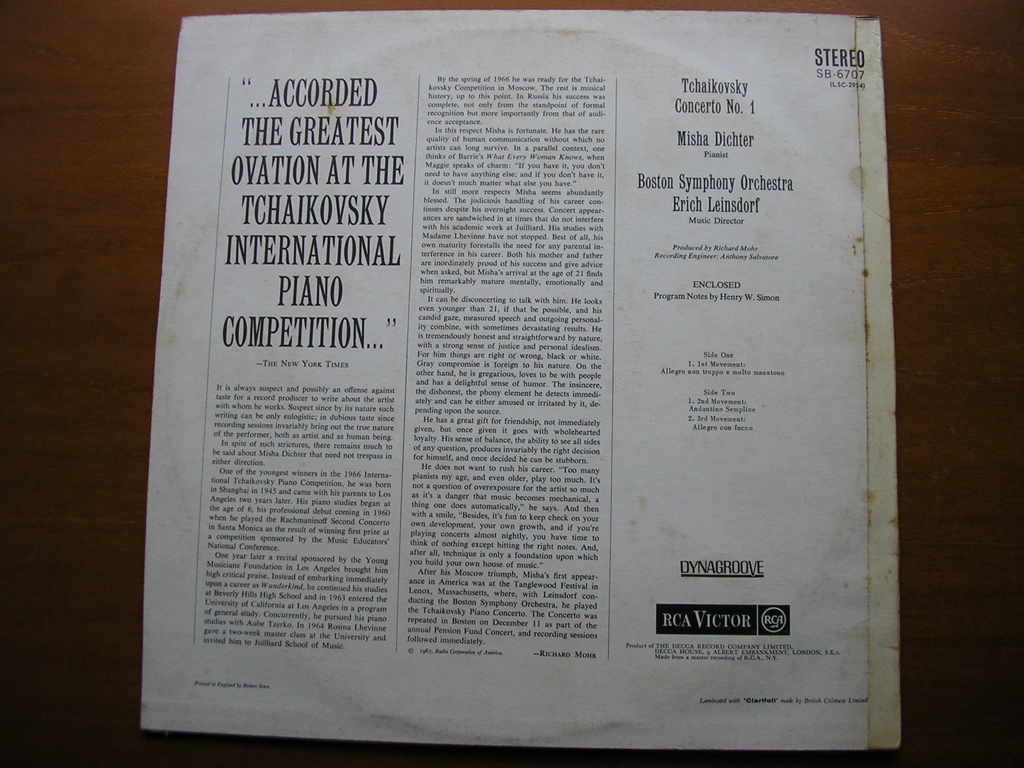 TCHAIKOVSKY: PIANO CONCERTO No. 1 DICHTER / BOSTON SYMPHONY / LEINSDORF SB 6707