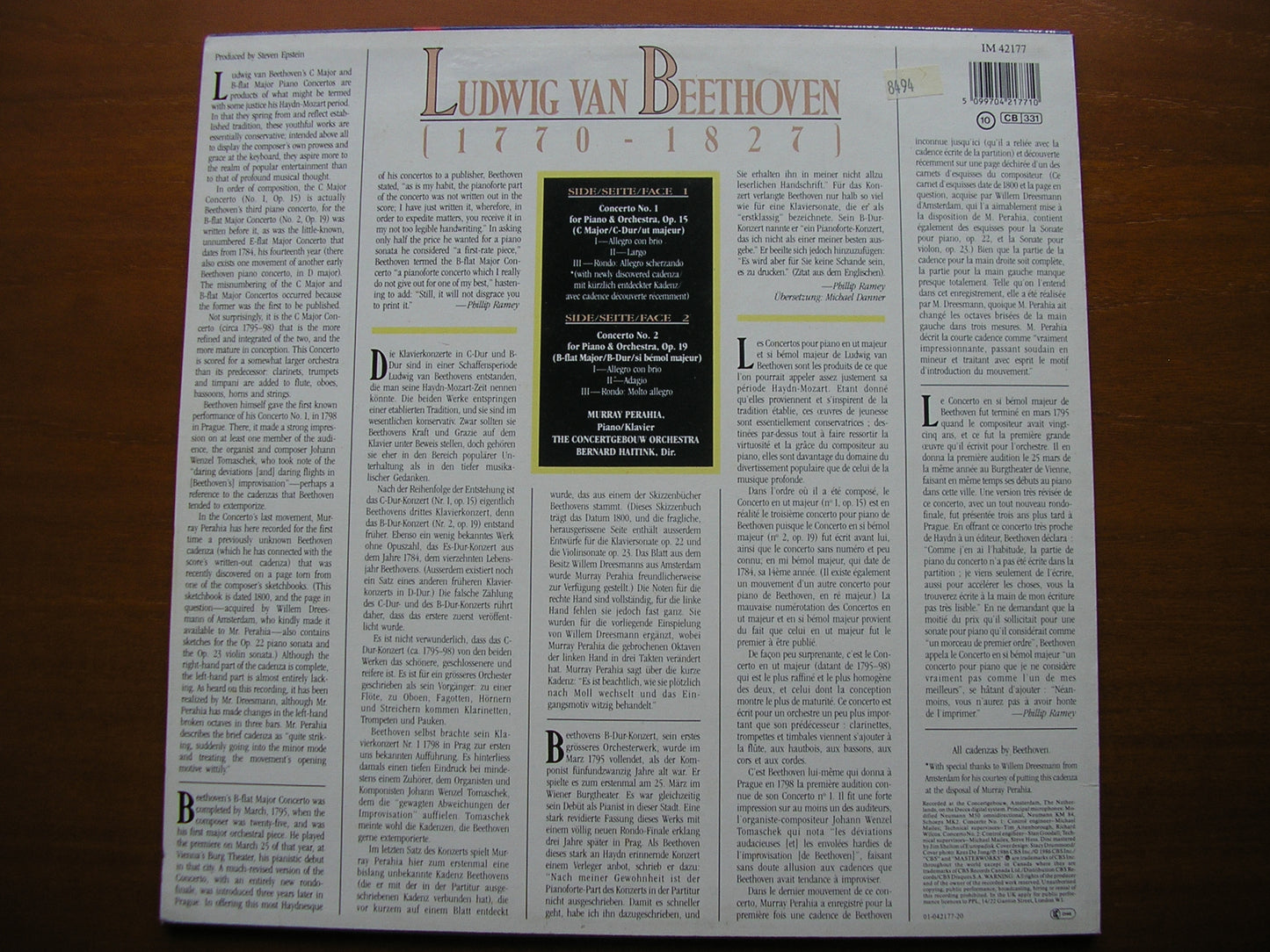 BEETHOVEN: PIANO CONCERTOS Nos. 1 & 2 PERAHIA / CONCERTGEBOUW ORCHESTRA / HAITINK IM 42177