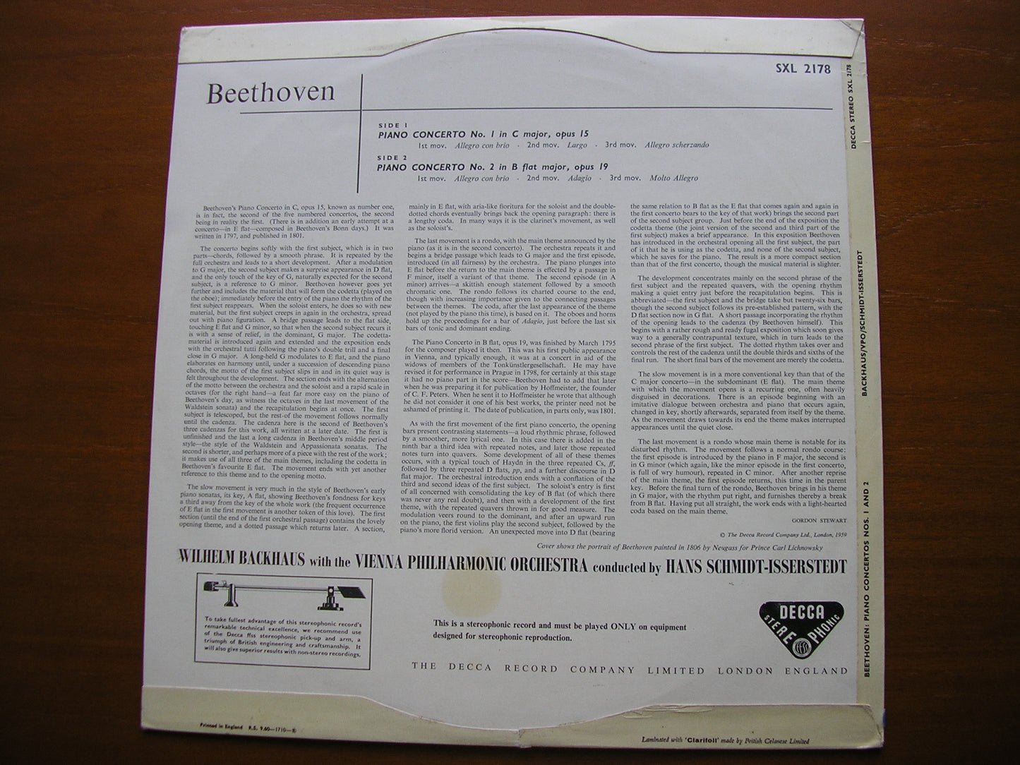 BEETHOVEN: PIANO CONCERTOS Nos. 1 & 2 BACKHAUS / VIENNA PHILHARMONIC / SCHMIDT-ISSERSTEDT SXL 2178