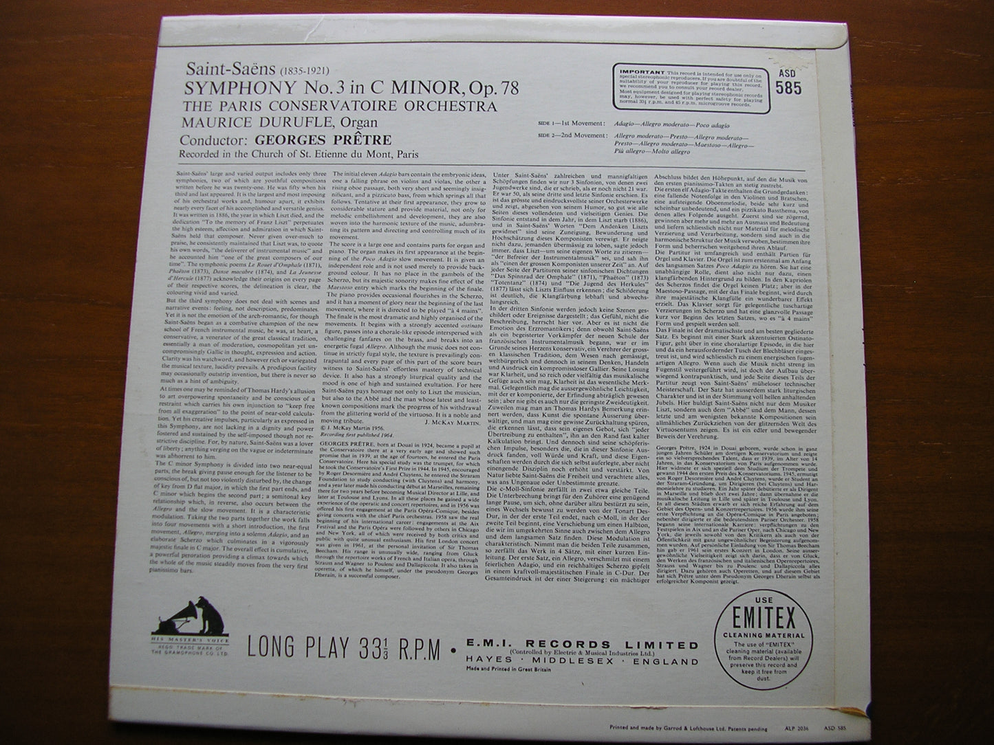SAINT - SAENS: SYMPHONY No. 3     DURUFLE / PARIS CONSERVATOIRE / PRETRE    ASD 585