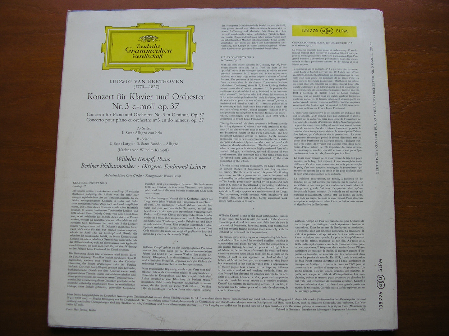 BEETHOVEN: PIANO CONCERTO No. 3      KEMPFF / BERLIN PHILHARMOIC / LEITNER   138 776