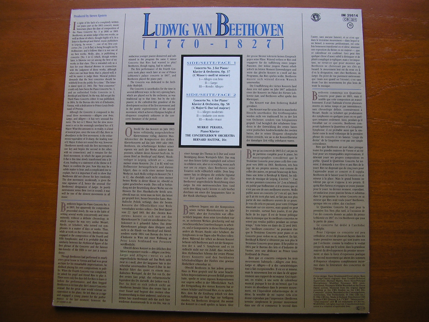 BEETHOVEN: PIANO CONCERTOS Nos. 3 & 4 PERAHIA / CONCERTGEBOUW ORCHESTRA / HAITINK IM 39814