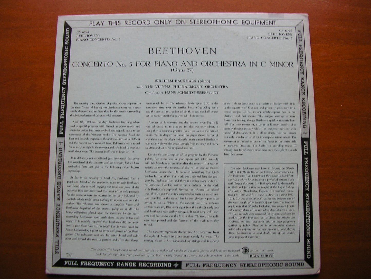 BEETHOVEN: PIANO CONCERTO No. 3 BACKHAUS / VIENNA PHILHARMONIC / SCHMIDT-ISSERSTEDT CS 6094