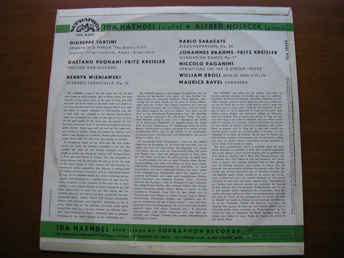 IDA HAENDEL PLAYS FAMOUS VIOLIN COMPOSITIONS    HAENDEL / HOLECEK    SUA 10465