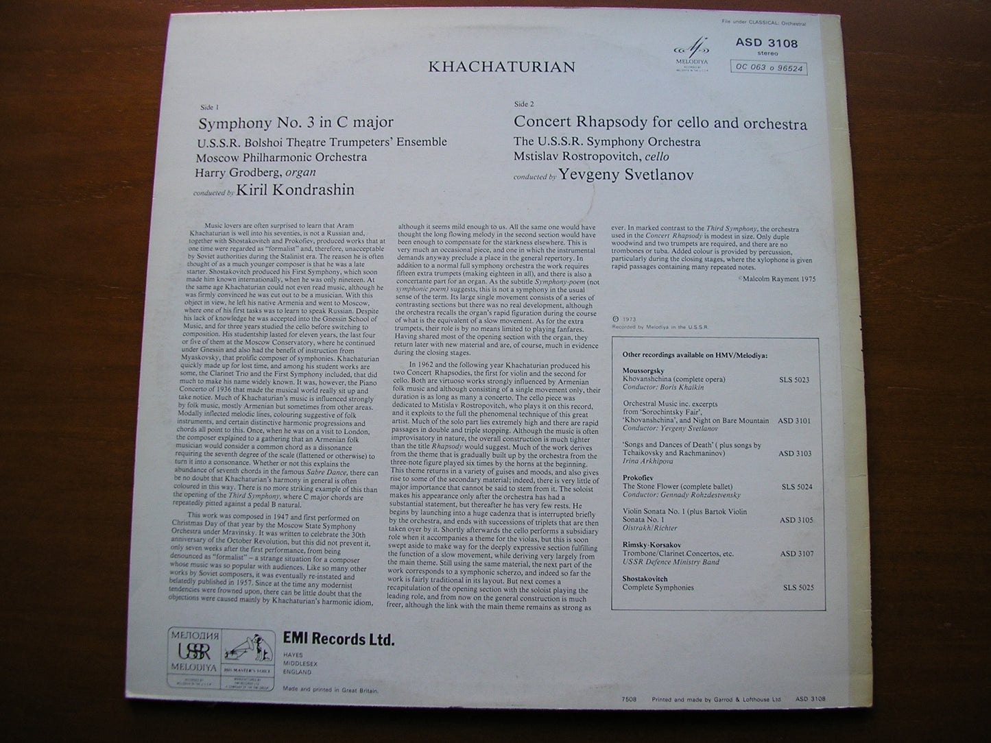 KHACHATURIAN: SYMPHONY No. 3 / CONCERT RHAPSODY   ROSTROPOVICH / USSRSO / MPO / KONDRASHIN / SVETLANOV   ASD 3108
