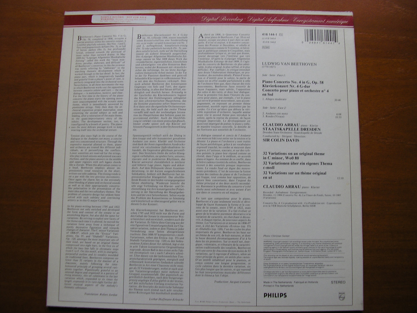 BEETHOVEN: PIANO CONCERTO No. 4     ARRAU / DRESDEN STATE ORCHESTRA / DAVIS     416 144