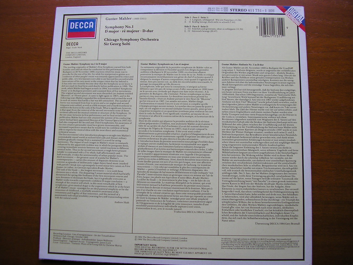 MAHLER: SYMPHONY No. 1 SOLTI / CHICAGO SYMPHONY 411 731